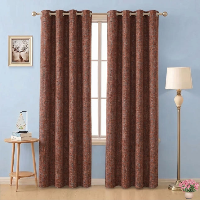 Rust red colour textured weave pattern velvet flock readymade curtain