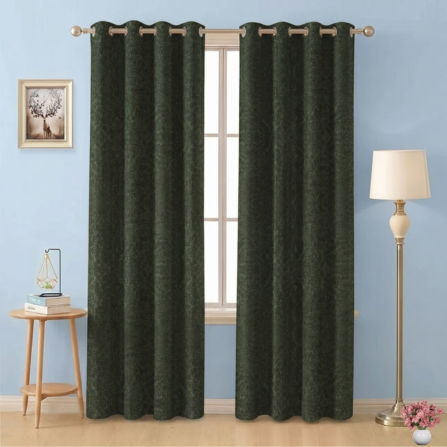 Olive Green Colour Textured Velvet Flock Readymade Curtain
