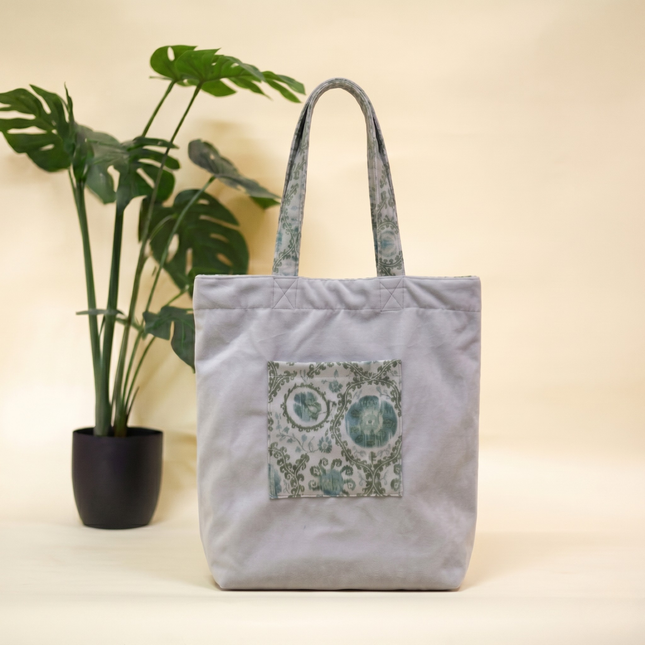 Unisex Grey Velvet Flock Fabric Tote Bag with Front Pocket