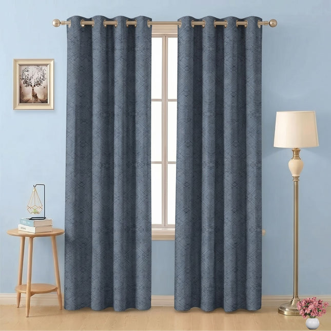 Blue Grey Colour Geometric Pattern Suede Readymade Curtain