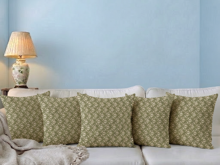 Olive green colour geometric floral pattern velvet flock readymade cushion cover