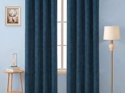 Teal Blue Colour Geometric Pattern Suede Readymade Curtain