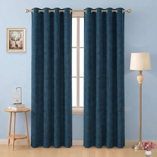 Teal Blue Colour Geometric Pattern Suede Readymade Curtain