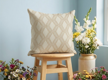 Cream colour geometric pattern velvet flock readymade cushion cover