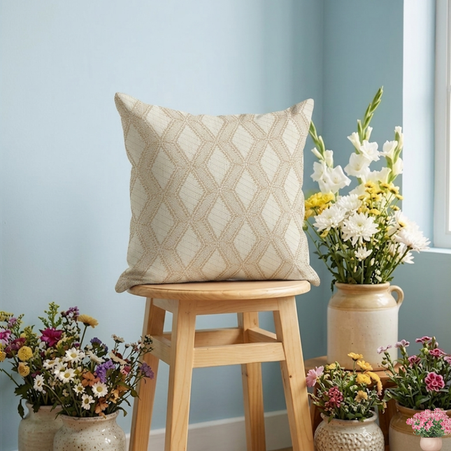 Cream colour geometric pattern velvet flock readymade cushion cover