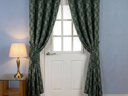Teal green colour geometric floral pattern velvet flock readymade curtain (Dual side)