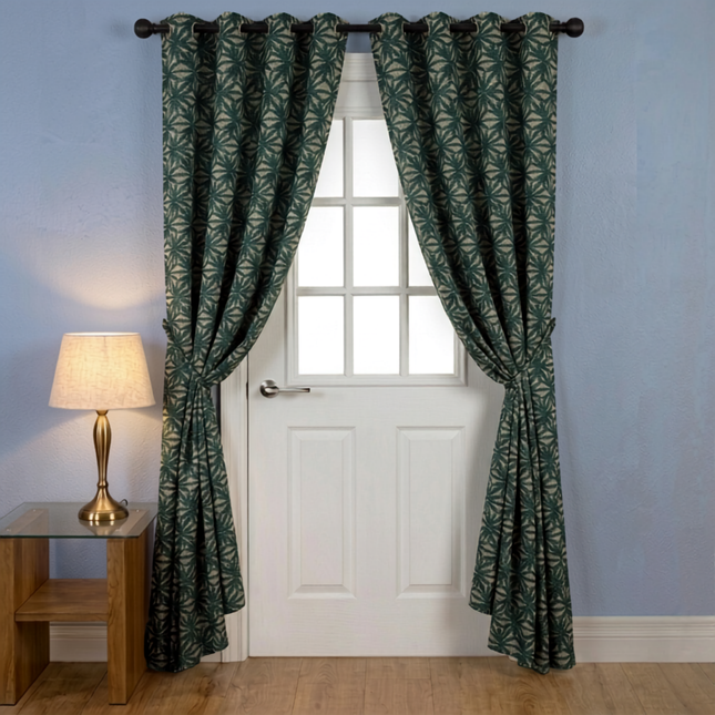 Teal green colour geometric floral pattern velvet flock readymade curtain (Dual side)