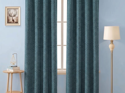 Aqua Green Colour Geometric Pattern Suede Readymade Curtain