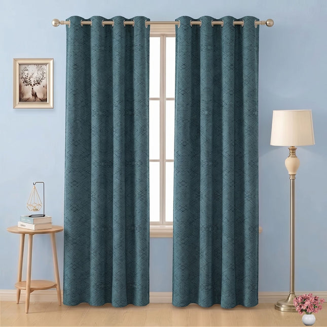 Aqua Green Colour Geometric Pattern Suede Readymade Curtain