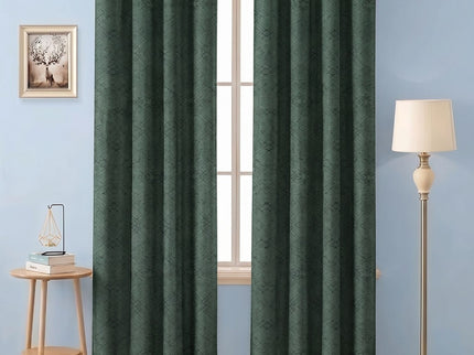 Olive Green Colour Geometric Pattern Suede Readymade Curtain