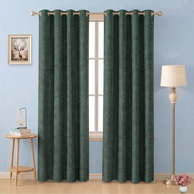 Olive Green Colour Geometric Pattern Suede Readymade Curtain