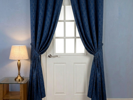 Royal blue colour geometric floral pattern velvet flock readymade curtain (Dual side)