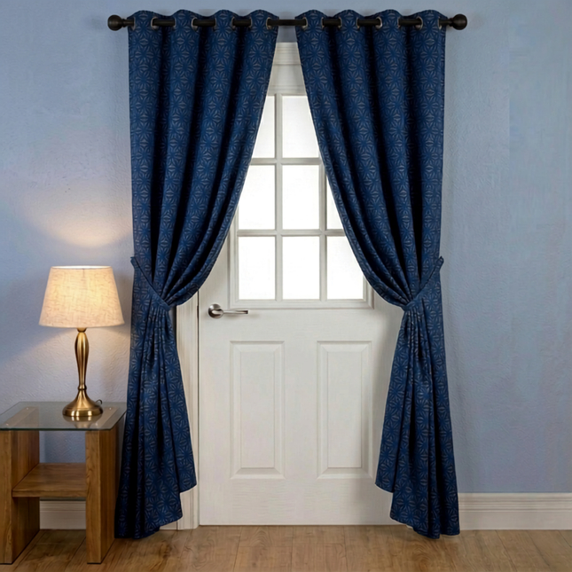 Royal blue colour geometric floral pattern velvet flock readymade curtain (Dual side)