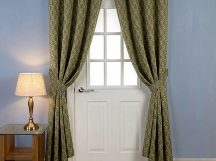 Olive green colour geometric floral pattern velvet flock readymade curtain (Dual side)