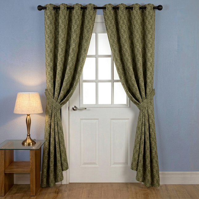 Olive green colour geometric floral pattern velvet flock readymade curtain (Dual side)