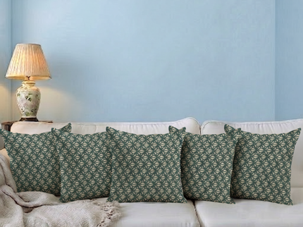 Teal green colour geometric floral pattern velvet flock readymade cushion cover
