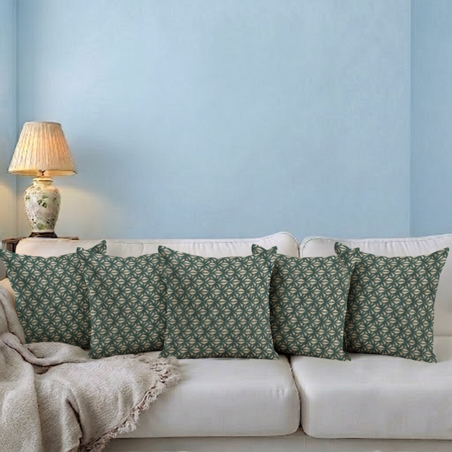 Teal green colour geometric floral pattern velvet flock readymade cushion cover