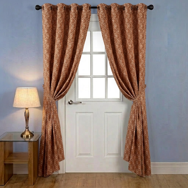 Rust colour geometric floral pattern velvet flock readymade curtain (Dual side)