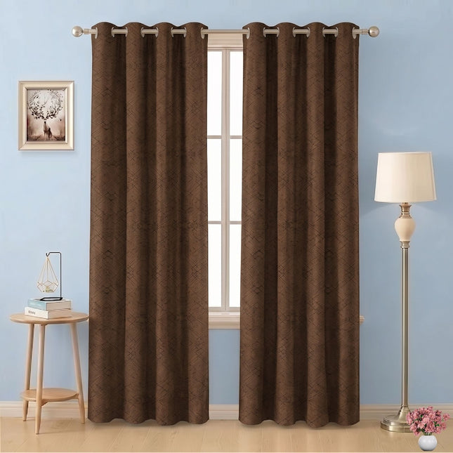 Brown Colour Geometric Pattern Suede Readymade Curtain