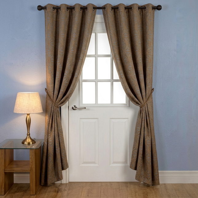 Brown colour geometric floral pattern velvet flock readymade curtain (Dual side)