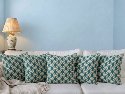 Teal green colour geometric pattern velvet flock readymade cushion cover
