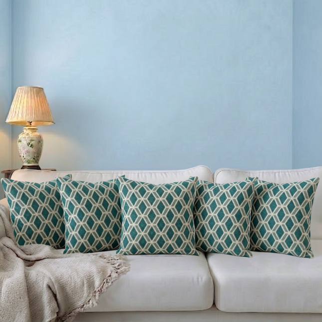 Teal green colour geometric pattern velvet flock readymade cushion cover