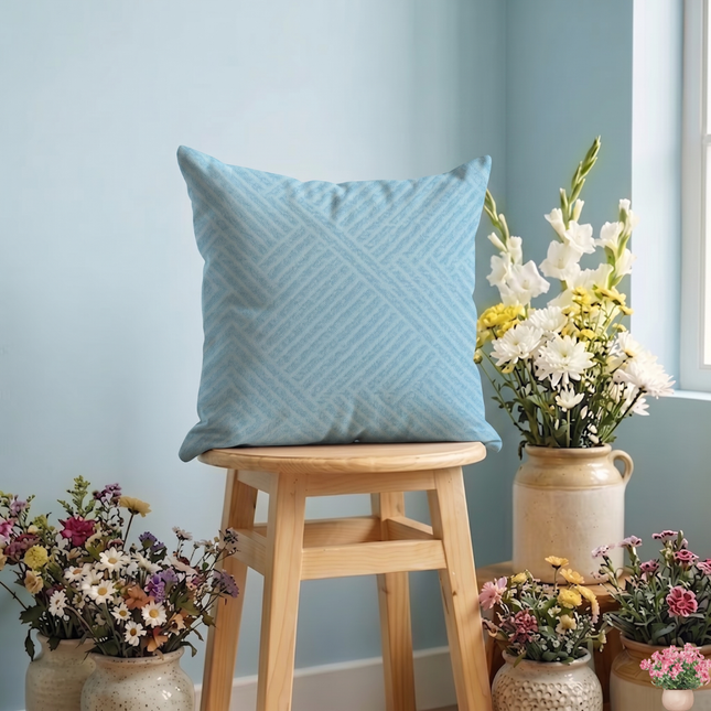 Sky blue colour textured velvet flock geometric pattern readymade cushion cover