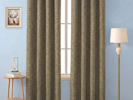 Mustard green colour textured weave pattern velvet flock readymade curtain