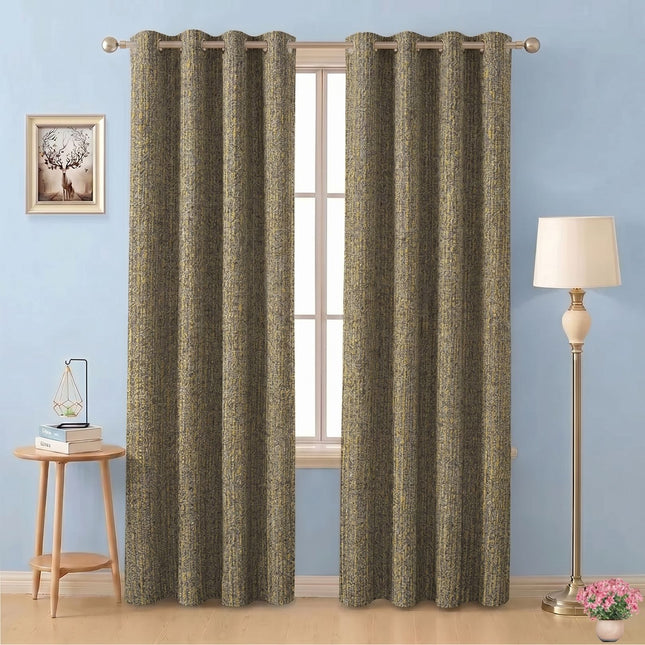 Mustard green colour textured weave pattern velvet flock readymade curtain