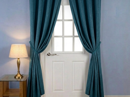 Deep teal colour textured velvet flock geometric pattern readymade curtain