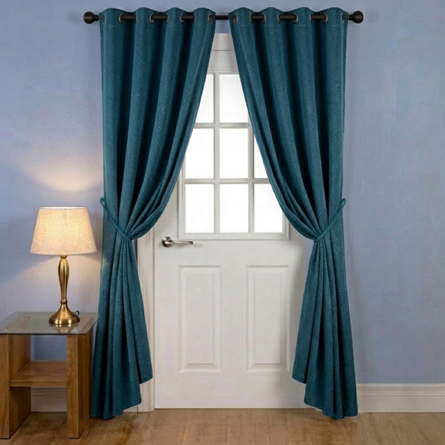 Deep teal colour textured velvet flock geometric pattern readymade curtain
