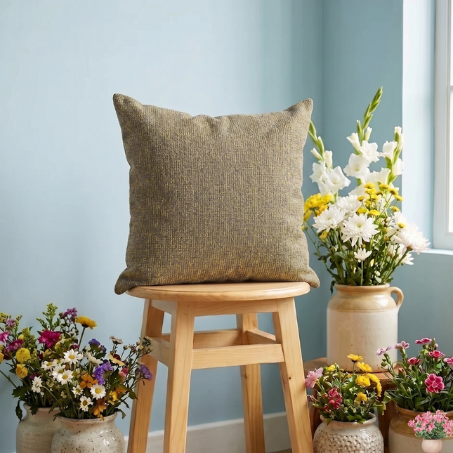 Mustard green colour textured weave pattern velvet flock readymade cushion cover