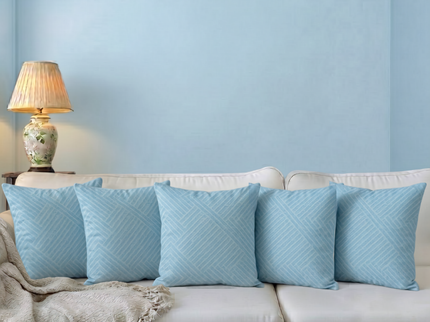 Sky blue colour textured velvet flock geometric pattern readymade cushion cover