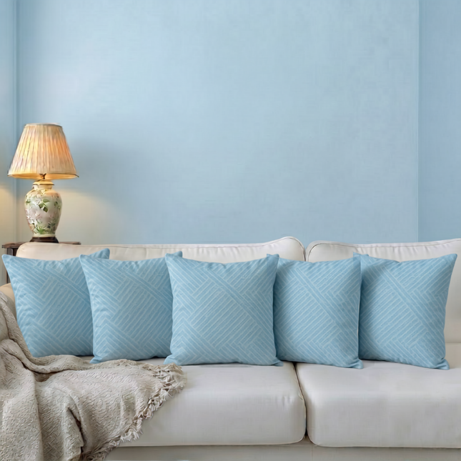 Sky blue colour textured velvet flock geometric pattern readymade cushion cover
