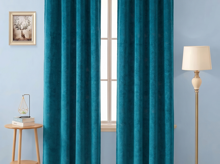 Teal blue colour textured velvet flock geometric pattern  readymade curtain