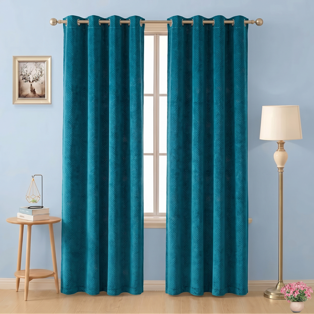 Teal blue colour textured velvet flock geometric pattern  readymade curtain