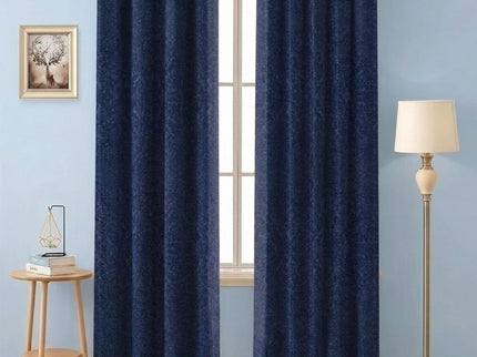 Dark Blue Colour Textured Velvet Flock Readymade Curtain