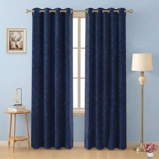 Dark Blue Colour Textured Velvet Flock Readymade Curtain