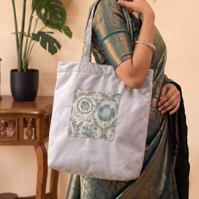 Unisex Grey Velvet Flock Fabric Tote Bag with Front Pocket