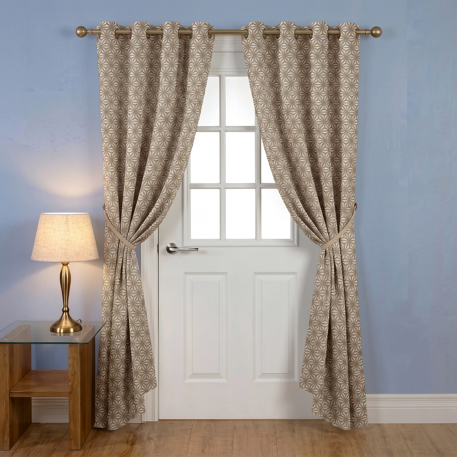Beige colour geometric floral pattern velvet flock readymade curtain (Dual side)