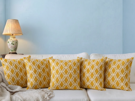 Mustard Yellow colour geometric pattern velvet flock readymade cushion cover