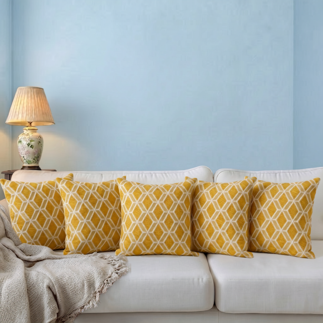 Mustard Yellow colour geometric pattern velvet flock readymade cushion cover