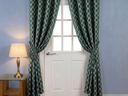 Teal green colour geometric pattern velvet flock readymade curtain (Dual side)