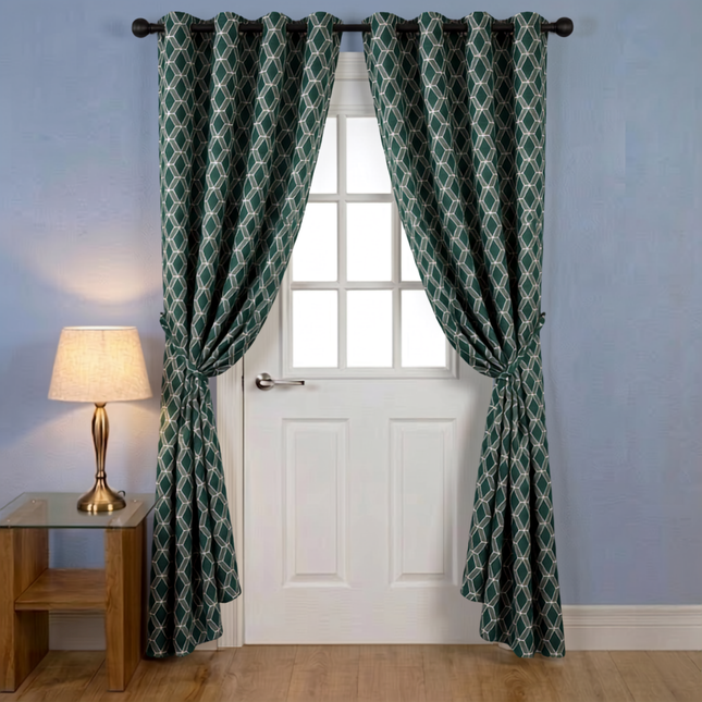 Teal green colour geometric pattern velvet flock readymade curtain (Dual side)