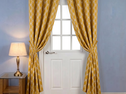 Mustard Yellow colour geometric pattern velvet flock readymade curtain (Dual side)