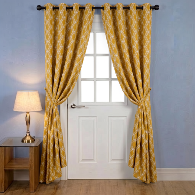Mustard Yellow colour geometric pattern velvet flock readymade curtain (Dual side)