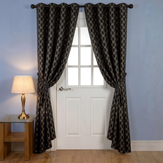 Black colour geometric pattern velvet flock readymade curtain (Dual side)