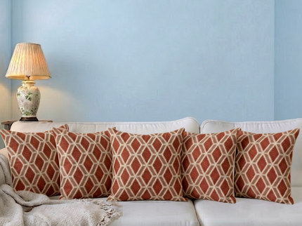 Rust red colour geometric pattern velvet flock readymade cushion cover