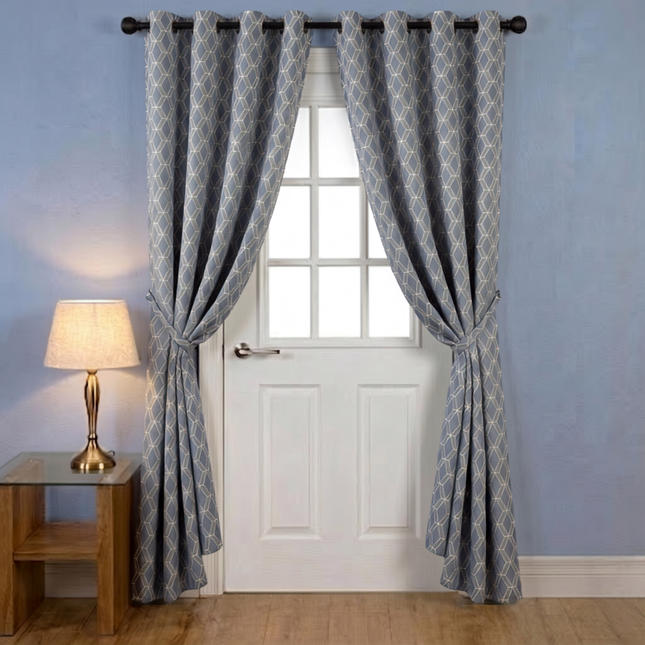Charcoal grey colour geometric pattern velvet flock readymade curtain (Dual side)