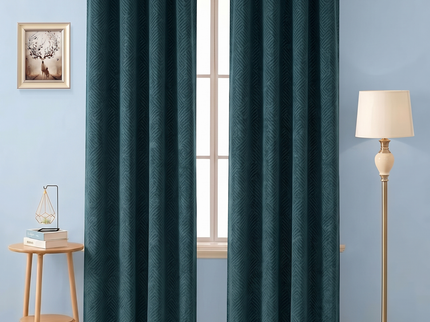 Navy blue colour textured velvet flock geometric pattern readymade curtain